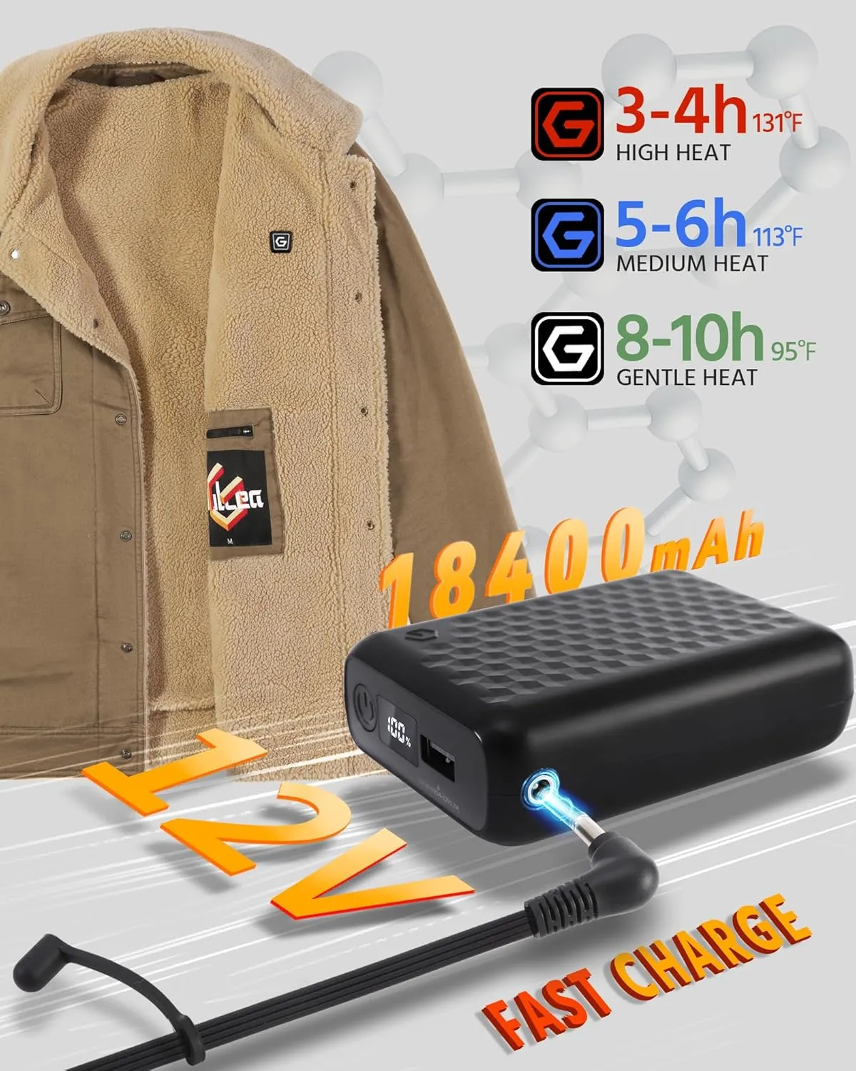 Wulcea Graphene Heated Jacket for Men 12V Fast Charge 18400mAh Large Capacity
