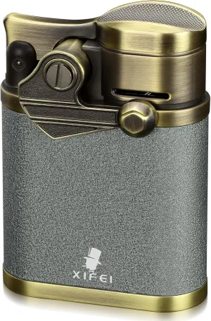 XIFEI Cigar Lighter, 4 Jet Flame Desktop Rocker Arm Lighter with Cigar Holder, Windproof Adjustable Flame, Refillable Butane Torch Lighters, Multifunctional Accessories with Gift Box (Gray)