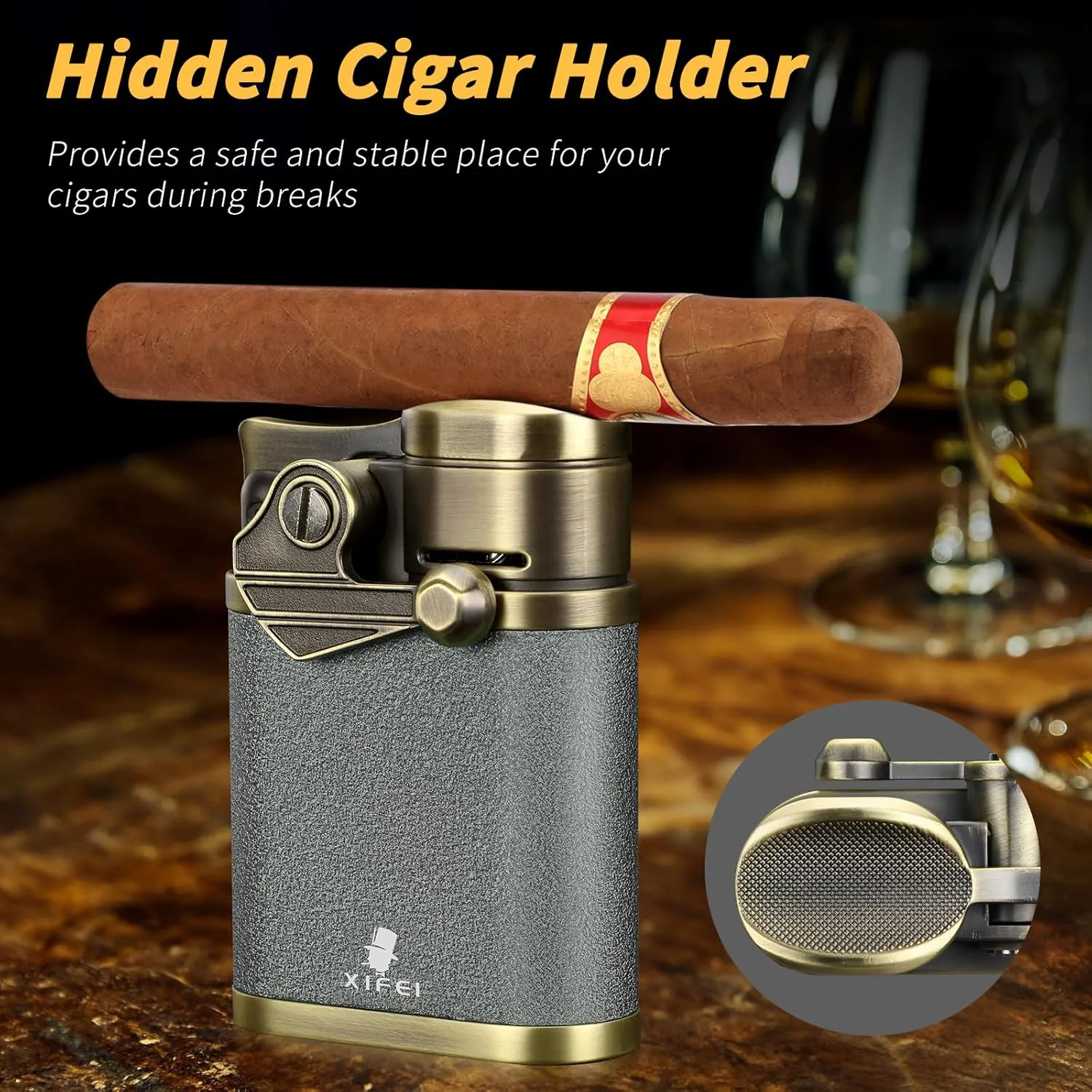 XIFEI Cigar Lighter, 4 Jet Flame Desktop Rocker Arm Lighter with Cigar Holder, Windproof Adjustable Flame, Refillable Butane Torch Lighters, Multifunctional Accessories with Gift Box (Gray)