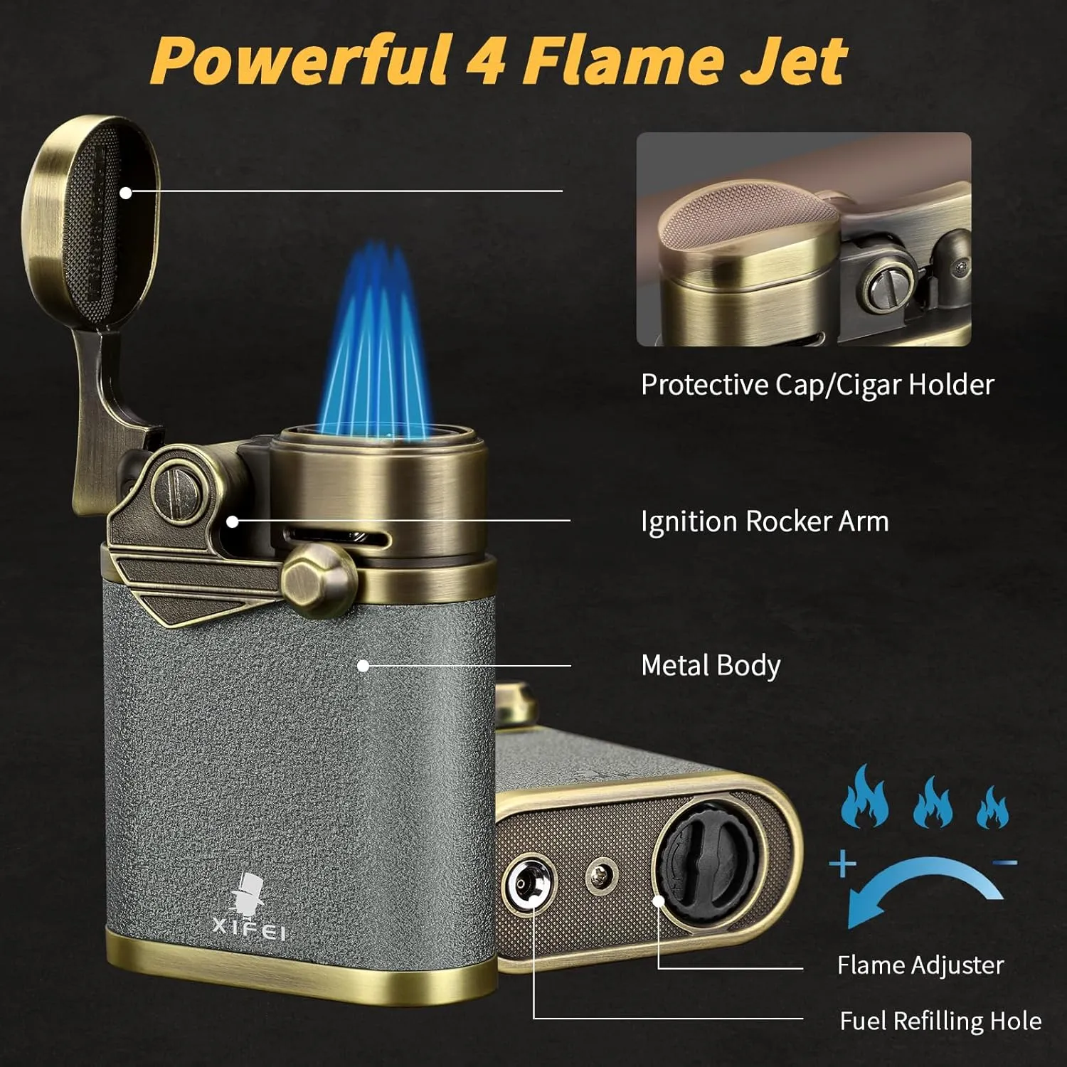 XIFEI Cigar Lighter, 4 Jet Flame Desktop Rocker Arm Lighter with Cigar Holder, Windproof Adjustable Flame, Refillable Butane Torch Lighters, Multifunctional Accessories with Gift Box (Gray)