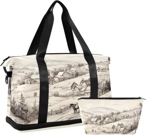 xigua Gym Bag Village on The Hills Travel Duffel Bag - Sports Gym Bag with Dry Wet Pocket Cosmetic bag & Shoes Compartment for Women and Men