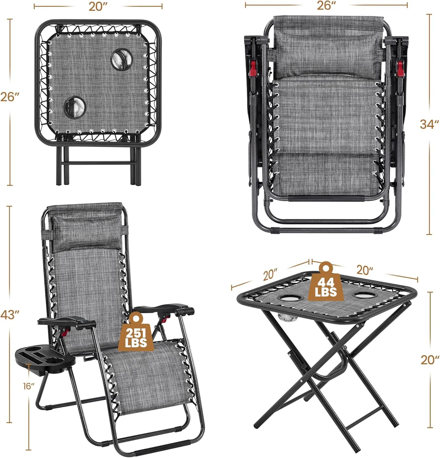 Yaheetech 3PCS Zero Gravity Recliner Portable Outdoor Reclining Chair Set w/Side Table Folding Chaise Lounge Chairs for Patio Beach Deck Garden Pool Gray