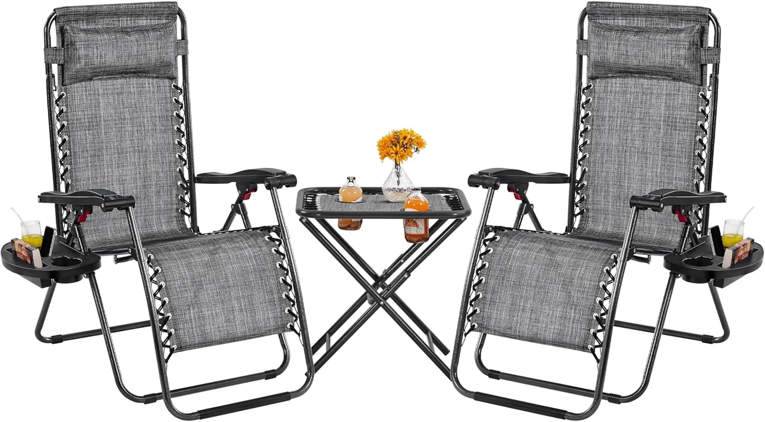 Yaheetech 3PCS Zero Gravity Recliner Portable Outdoor Reclining Chair Set w/Side Table Folding Chaise Lounge Chairs for Patio Beach Deck Garden Pool Gray