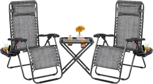 Yaheetech 3PCS Zero Gravity Recliner Portable Outdoor Reclining Chair Set w/Side Table Folding Chaise Lounge Chairs for Patio Beach Deck Garden Pool Gray