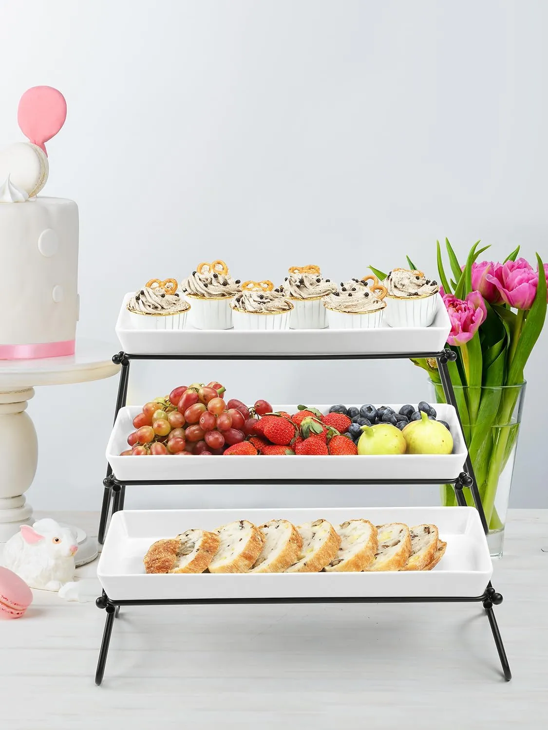 Yedio 3 Tier Serving Tray Set, 14" White Porcelain Platters with Collapsible Metal Stands, Tiered Serving Stand for Party Food Display, Cupcakes, Desserts, Fruit & Appetizers