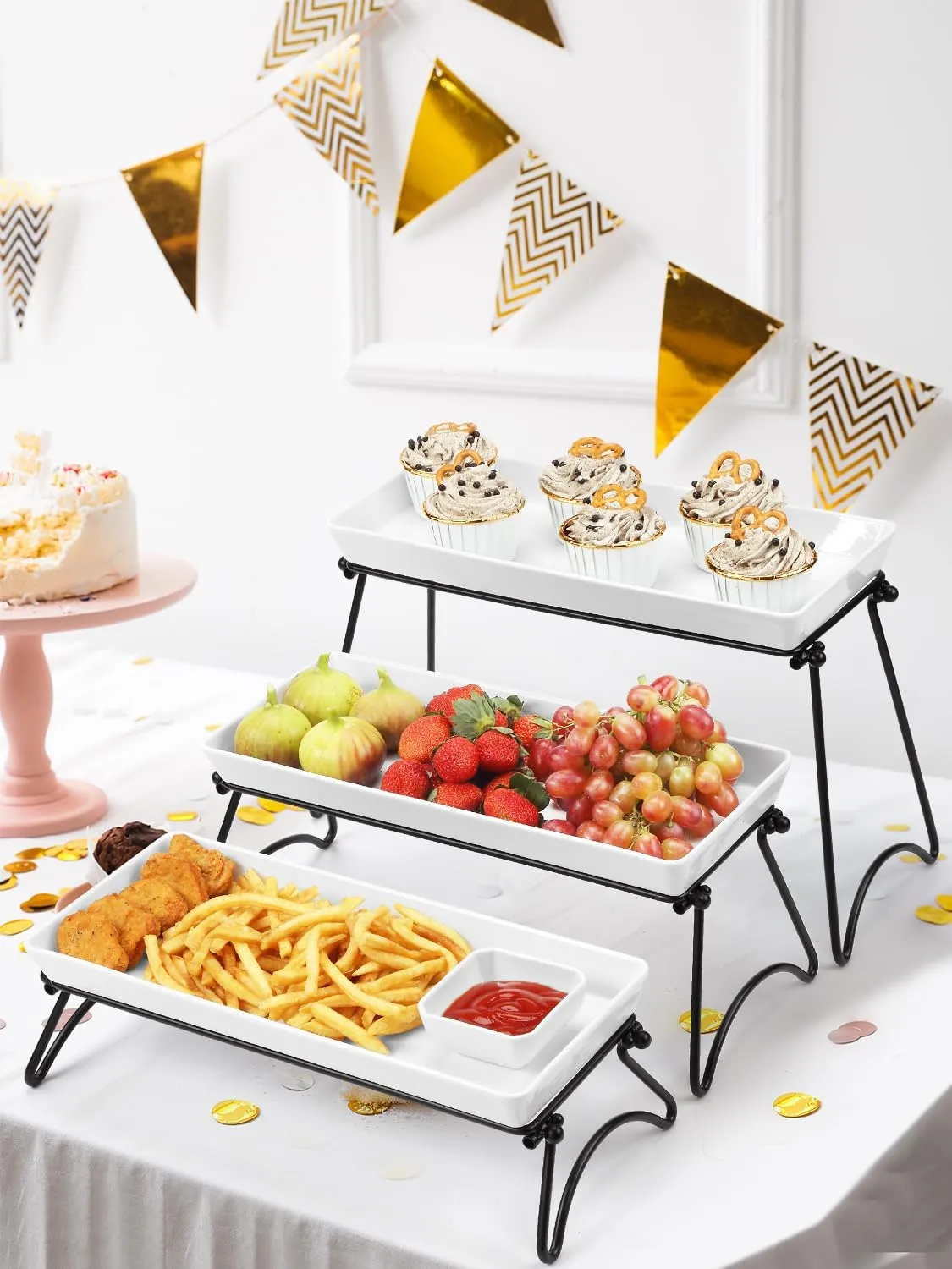 Yedio 3 Tier Serving Tray Set, 14" White Porcelain Platters with Collapsible Metal Stands, Tiered Serving Stand for Party Food Display, Cupcakes, Desserts, Fruit & Appetizers
