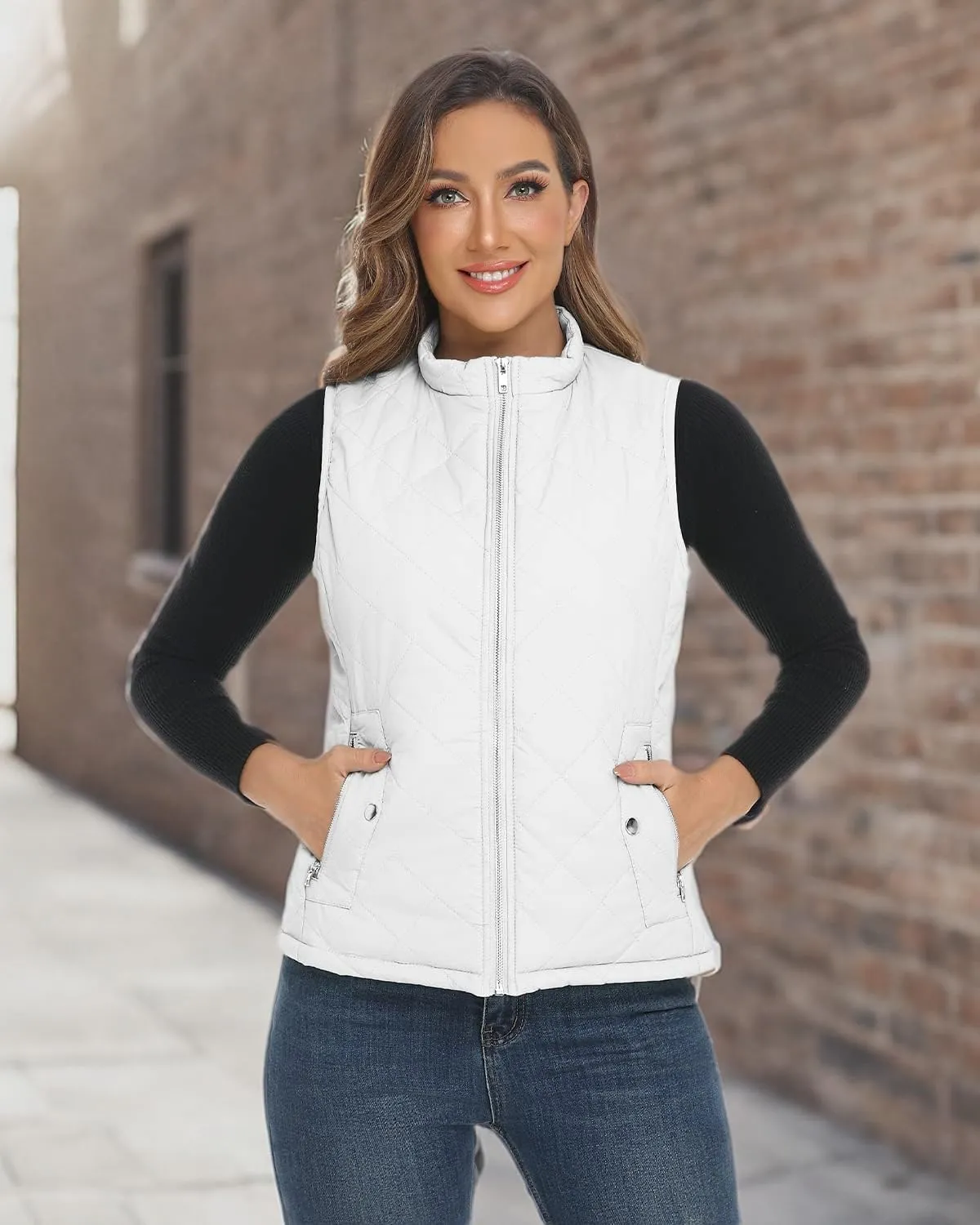 YESLIFE 2024 Women's Outwear Quilted Vest With One Inside Pocket - Stand Collar Lightweight Padded Gilet for Women