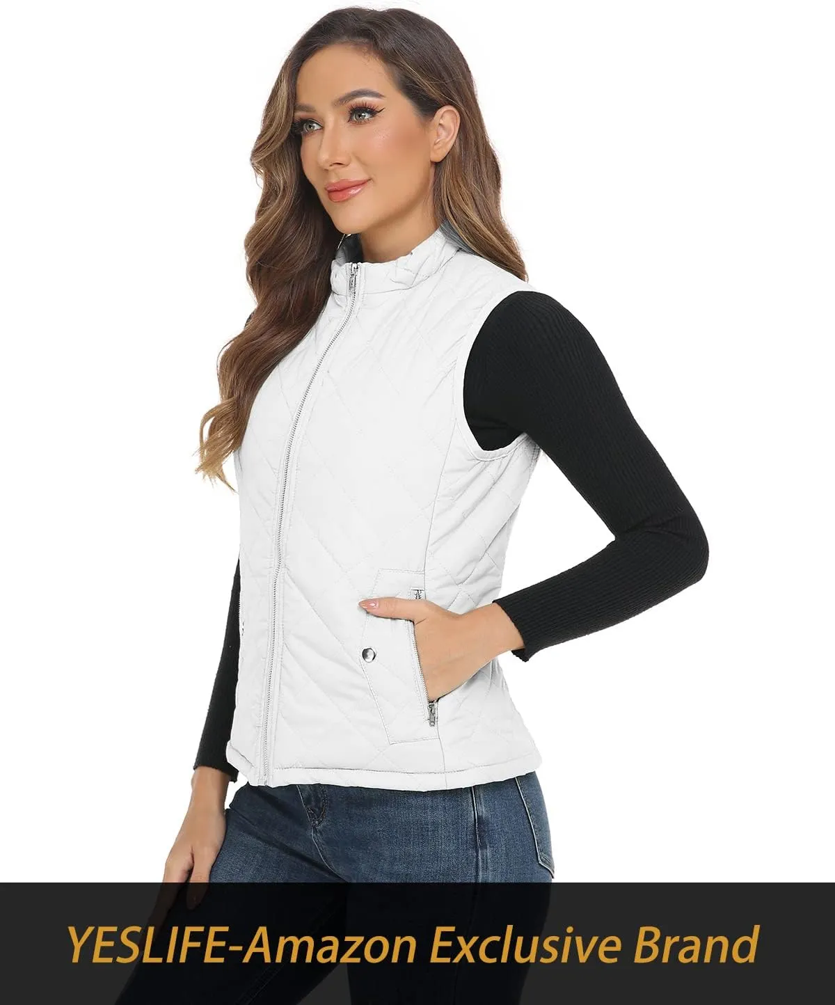 YESLIFE 2024 Women's Outwear Quilted Vest With One Inside Pocket - Stand Collar Lightweight Padded Gilet for Women