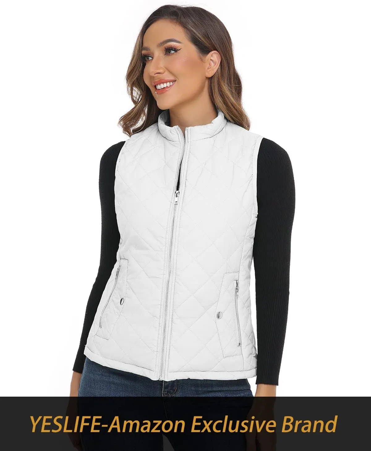 YESLIFE 2024 Women's Outwear Quilted Vest With One Inside Pocket - Stand Collar Lightweight Padded Gilet for Women