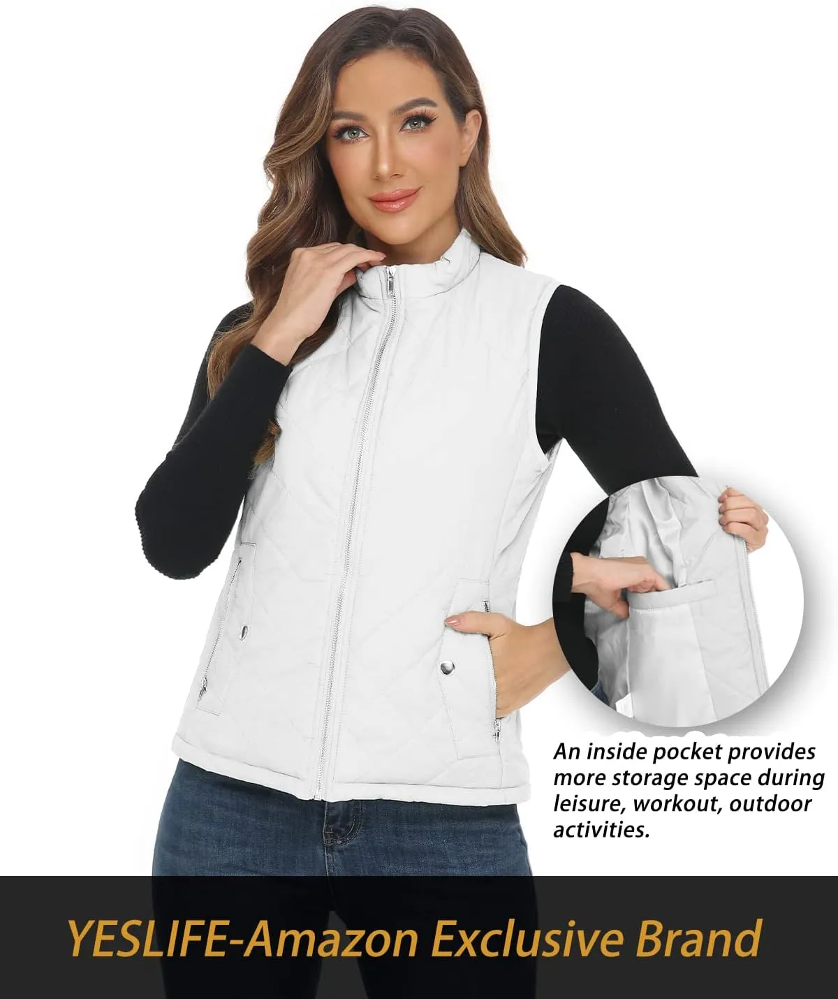 YESLIFE 2024 Women's Outwear Quilted Vest With One Inside Pocket - Stand Collar Lightweight Padded Gilet for Women