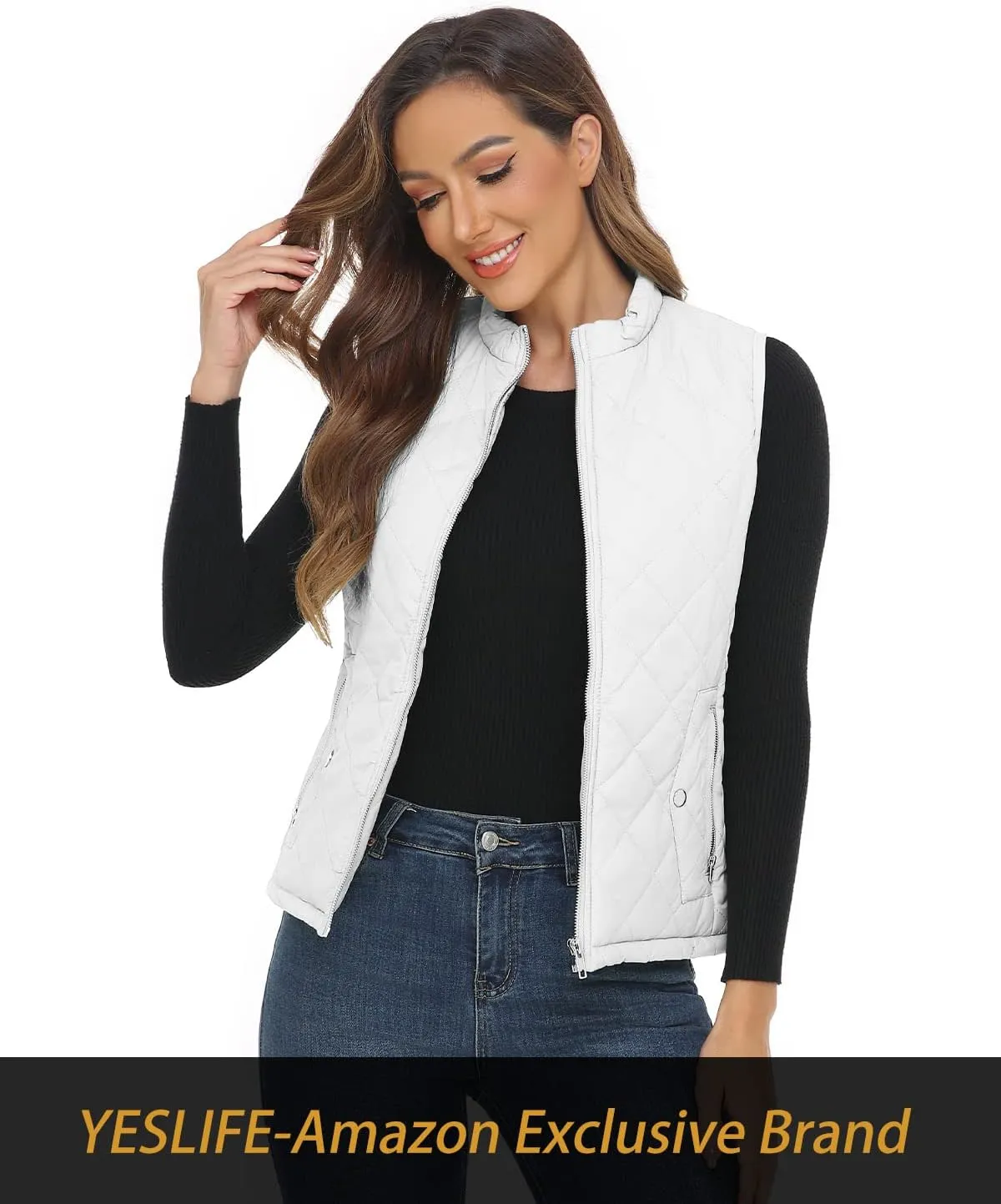 YESLIFE 2024 Women's Outwear Quilted Vest With One Inside Pocket - Stand Collar Lightweight Padded Gilet for Women