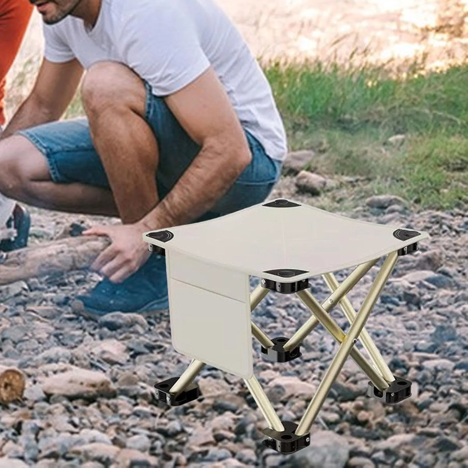 Yiju Folding Camping Stool Recliner Foot Rest Strong Load Bearing Portable Small Foldable Chair for Hiking Travel BBQ Backpacking, White, 33cmx33cmx32cm