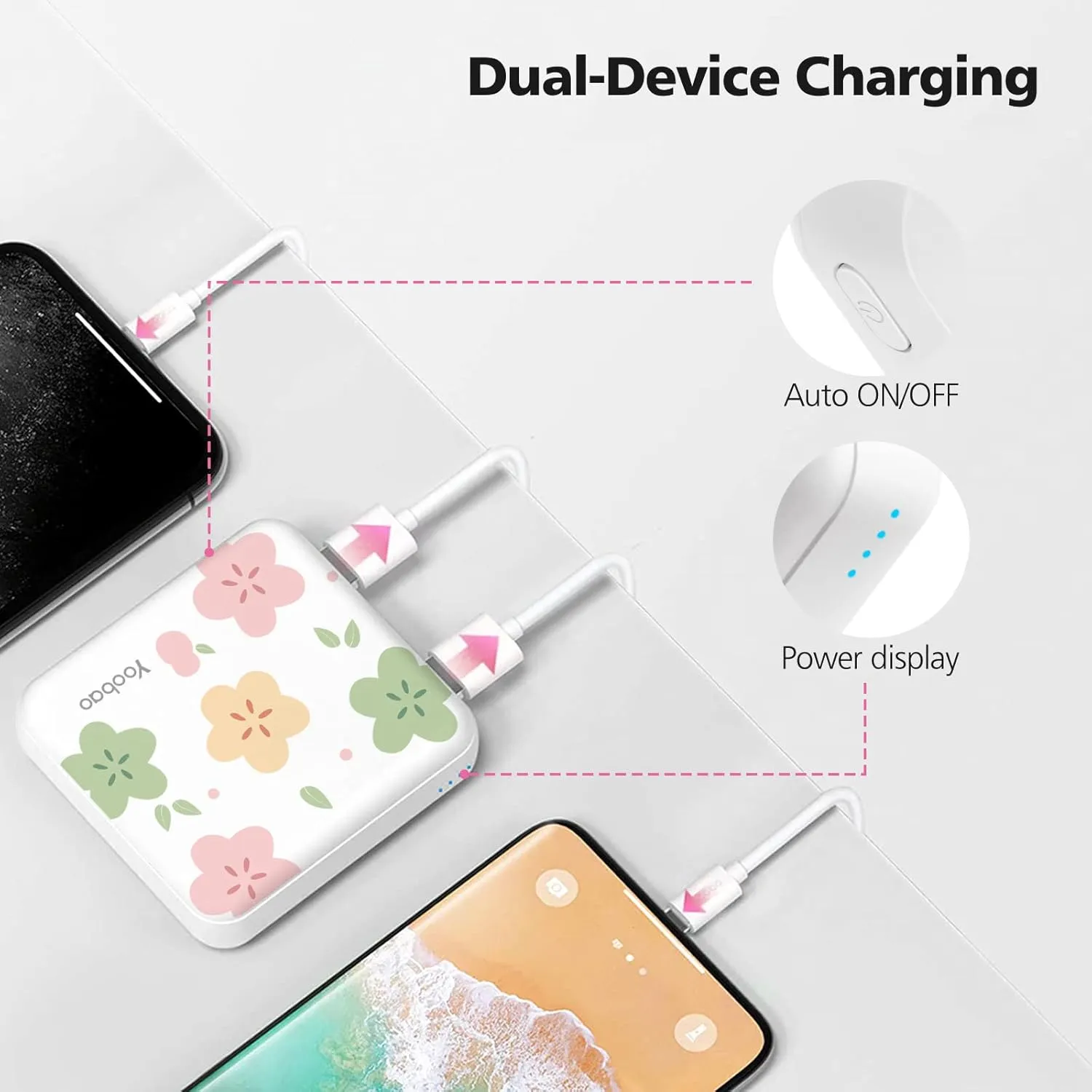 Yoobao Portable Charger 10000mAh, Cute Power Bank USB-C for Girls Travel, 2 Outputs & 2 Inputs (5V/2.1A), Mini Phone Battery Pack for iPhone 14/13/12/11/X, Android, iPad, Samsung, Google (Flower)