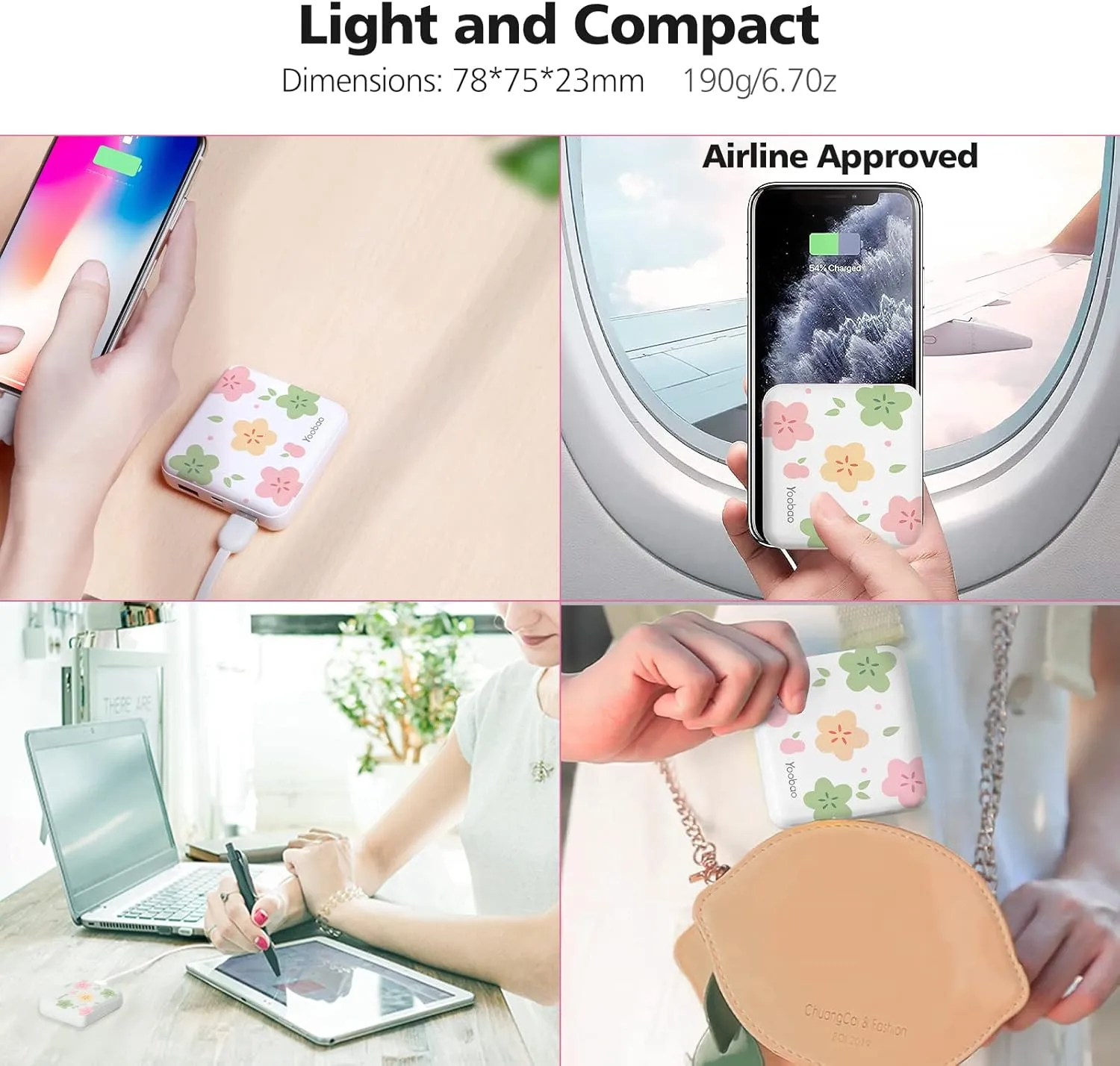 Yoobao Portable Charger 10000mAh, Cute Power Bank USB-C for Girls Travel, 2 Outputs & 2 Inputs (5V/2.1A), Mini Phone Battery Pack for iPhone 14/13/12/11/X, Android, iPad, Samsung, Google (Flower)