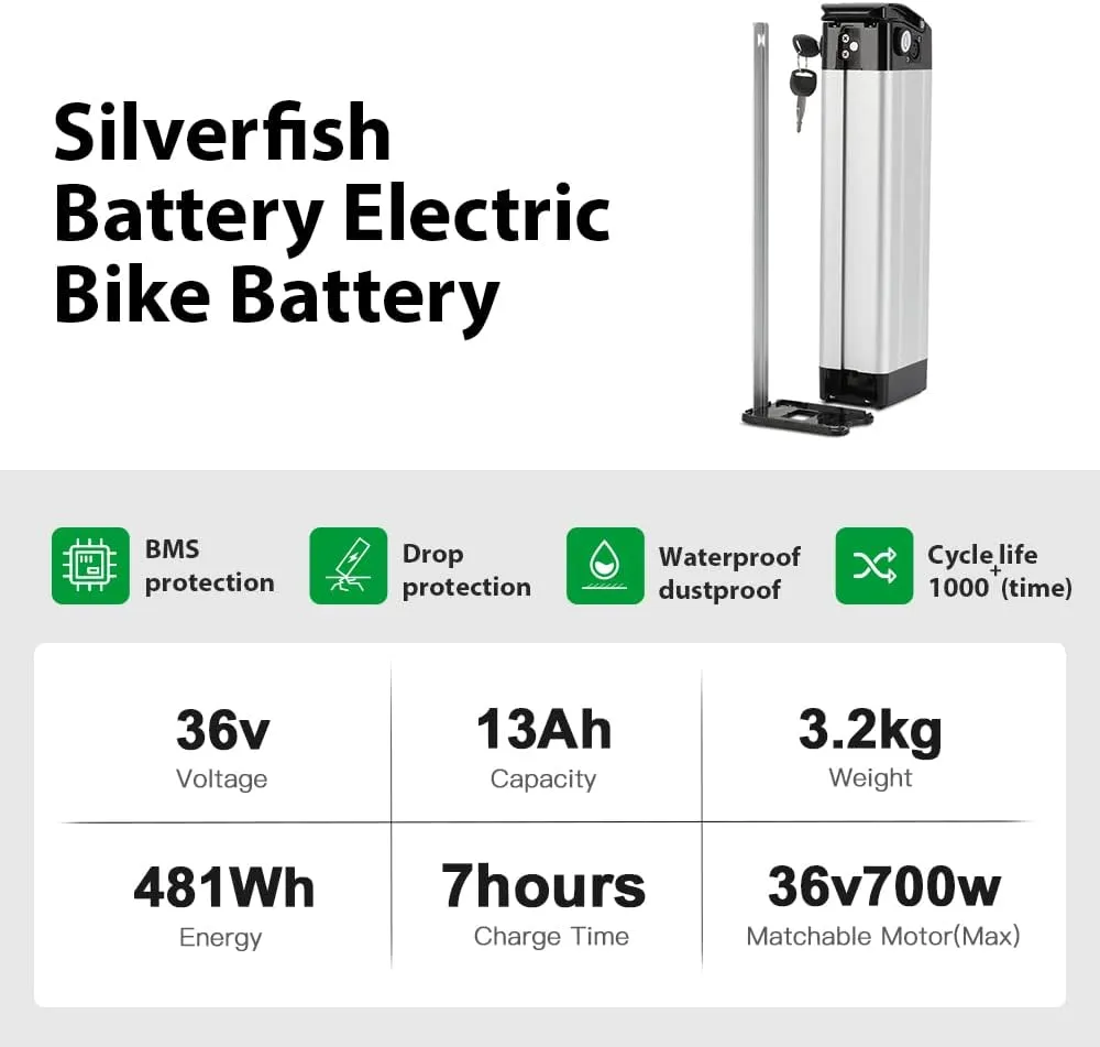 Yose Power 48V 36V 10.4Ah 13Ah 15Ah 17.4Ah Ebike Battery XH370-10J Sliver Fish Battery with USB Port Electric Bike Battery for 250W/350W/500W/700W/900W/1000w Motor Electric Bicycle Lithium-Ion Battery