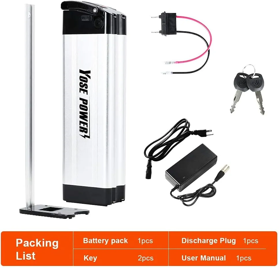 Yose Power 48V 36V 10.4Ah 13Ah 15Ah 17.4Ah Ebike Battery XH370-10J Sliver Fish Battery with USB Port Electric Bike Battery for 250W/350W/500W/700W/900W/1000w Motor Electric Bicycle Lithium-Ion Battery