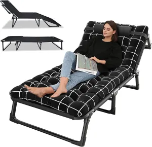 YOXIER Camping Cot, Sleeping Cots for Adults, Adjustable 4-Position Camping Cots up to 440LBS, Reclining Folding Chaise with Pillow, Outdoor Portable Folding Lounge Chair Sleeping Cots Bed for Campin