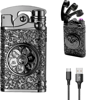 YOZWOO Plasma Lighter Rechargeable Lighter Electric Lighter Flameless Lighter Windproof Double Arc Lighter No Butane Lighter with LED Battery Indicator for Outdoor Camping, BBQ, Hiking (Black)