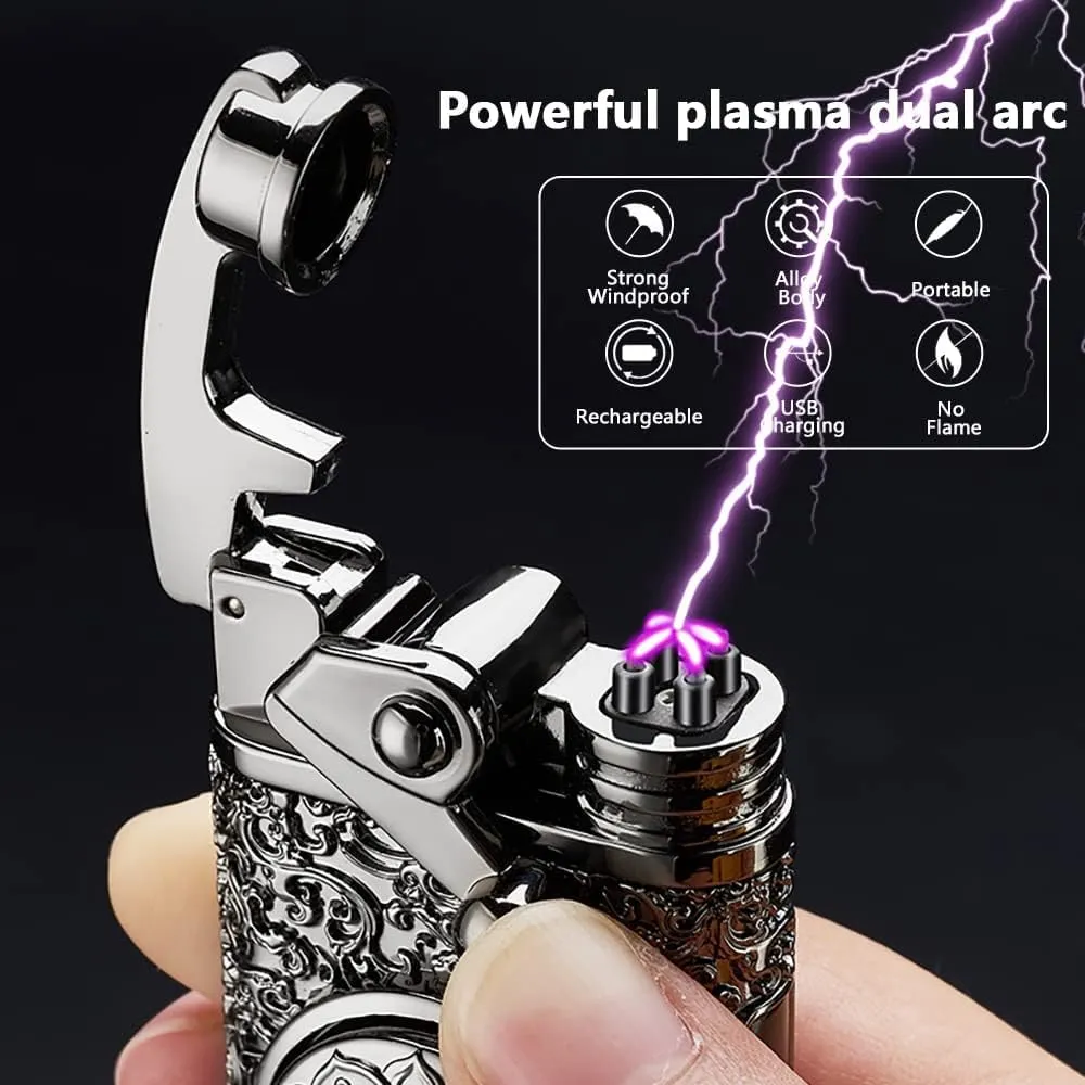 YOZWOO Plasma Lighter Rechargeable Lighter Electric Lighter Flameless Lighter Windproof Double Arc Lighter No Butane Lighter with LED Battery Indicator for Outdoor Camping, BBQ, Hiking (Black)