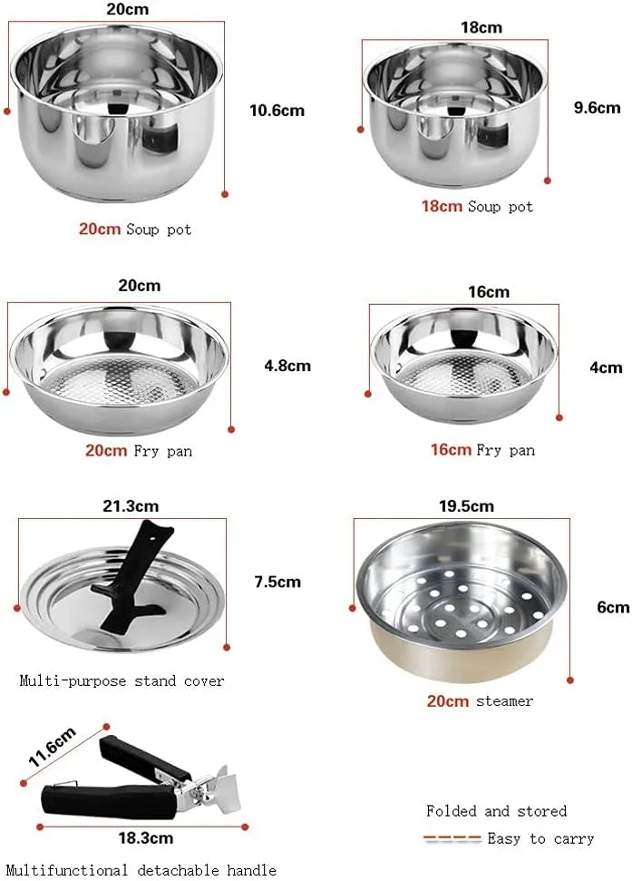 YYDS Outdoor Camping Camping Cookware Kit Nonstick Frying Pan Steamer Lightweight Pot Stainless Steel Family Campfire Hiking Camping Cooker Adventures Picnics (Size : Six-Piece Set( Storage Bag))