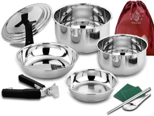 YYDS Outdoor Camping Camping Cookware Kit Nonstick Frying Pan Steamer Lightweight Pot Stainless Steel Family Campfire Hiking Camping Cooker Adventures Picnics (Size : Six-Piece Set( Storage Bag))