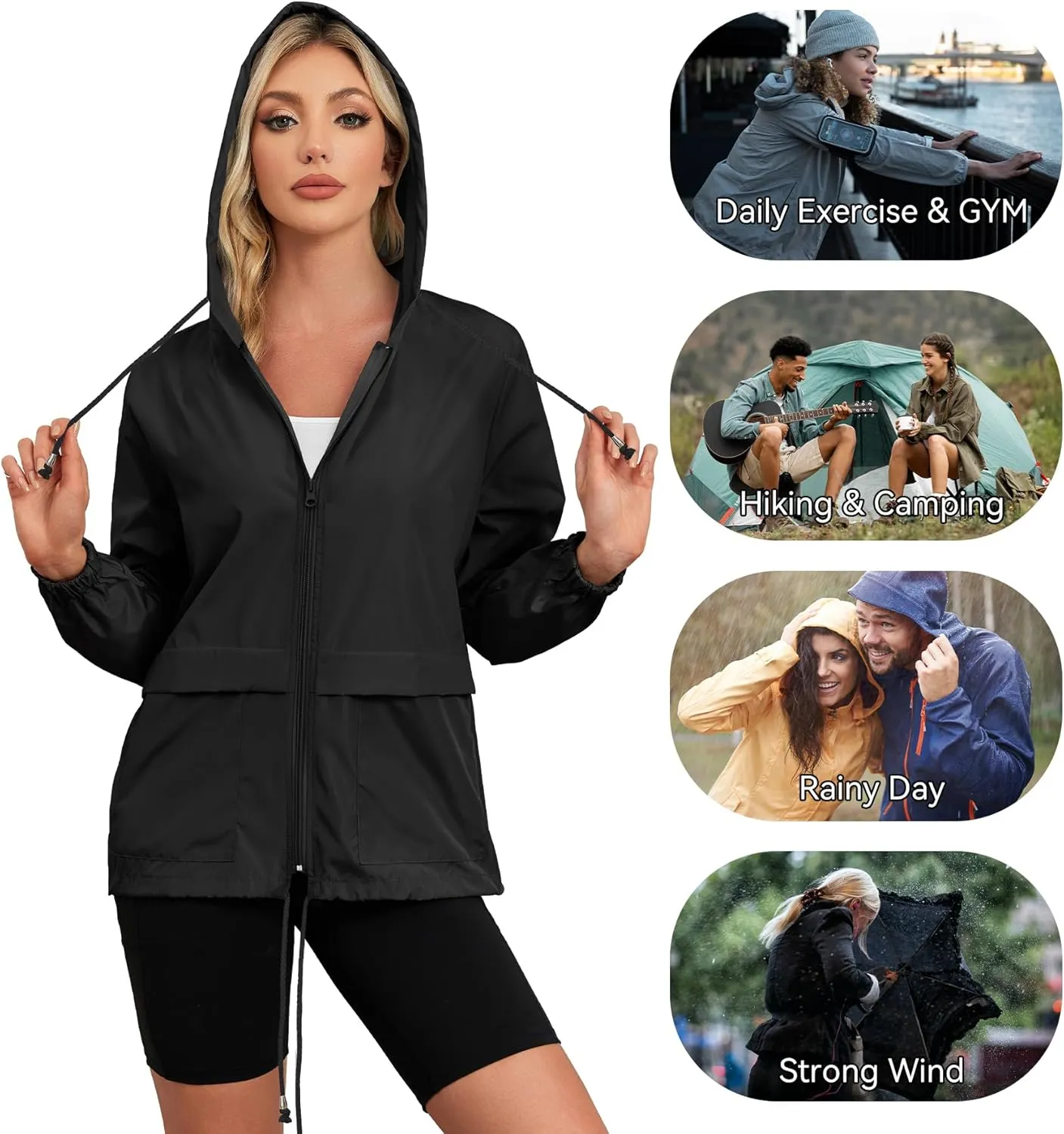 Zando Packable Rain Jacket Women Lightweight Raincoat Hood Women's Raincoats with Pocket Out Windbreaker Jacket Waterproof