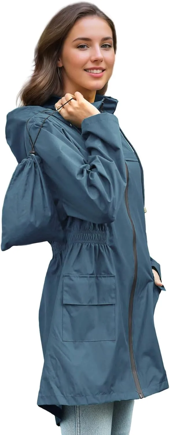 Zando Packable Rain Jacket Women Waterproof Long Rain Coat Lightweight with Hood Windbreaker Jackets Outdoor Trench Coat