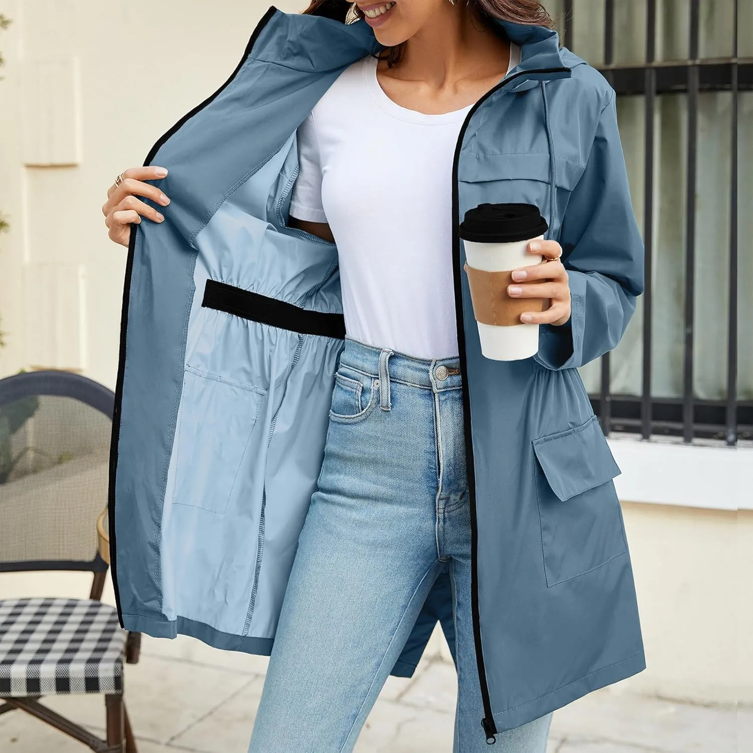 Zando Packable Rain Jacket Women Waterproof Long Rain Coat Lightweight with Hood Windbreaker Jackets Outdoor Trench Coat