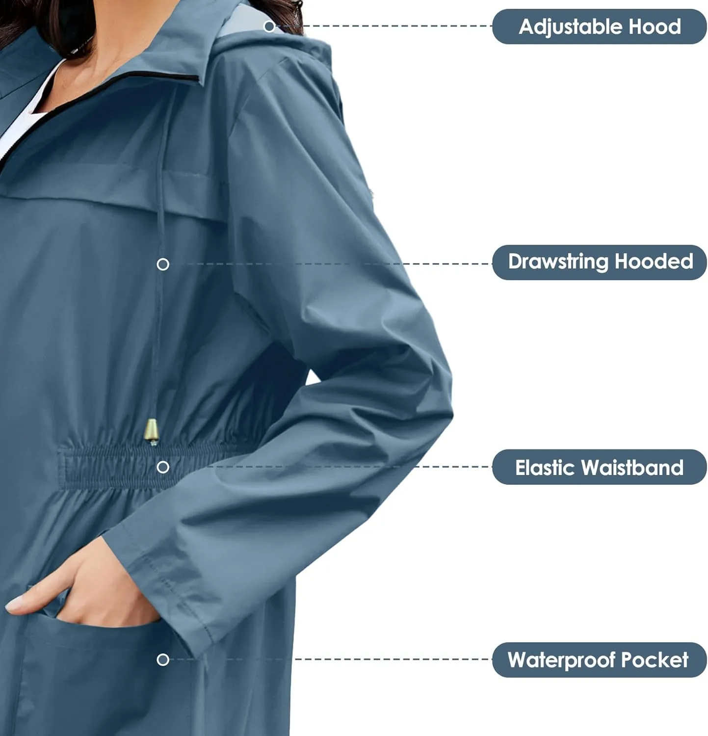 Zando Packable Rain Jacket Women Waterproof Long Rain Coat Lightweight with Hood Windbreaker Jackets Outdoor Trench Coat