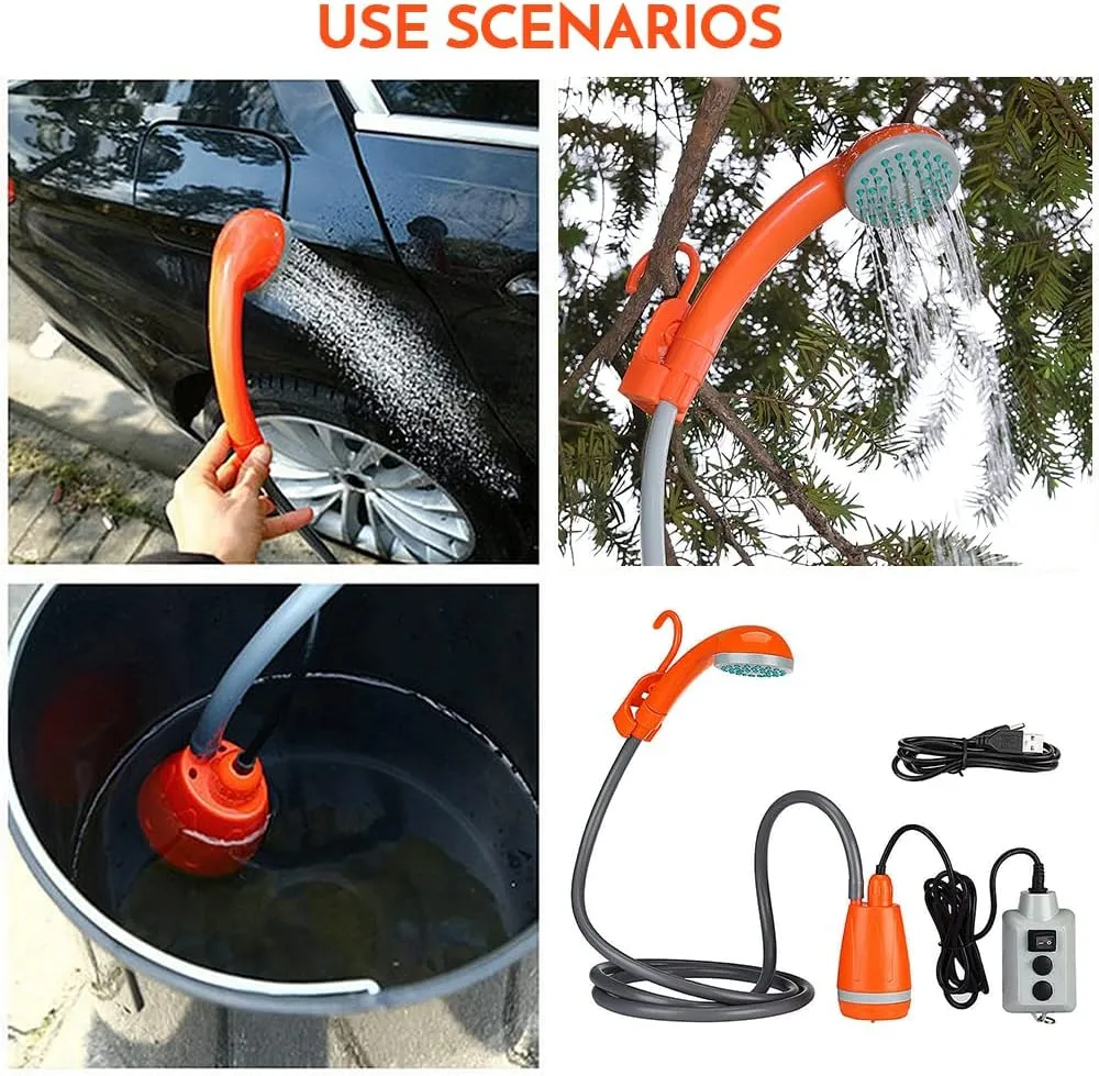 Zerone Electric Portable Shower for Camping, USB Rechargeable Camping Shower for Car Washing Pet Cleaning Traveling, 2m Rubber Water Pipe (Shower with Collapsible Bucket)