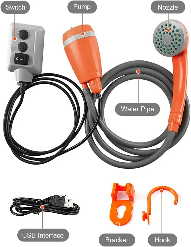 Zerone Electric Portable Shower for Camping, USB Rechargeable Camping Shower for Car Washing Pet Cleaning Traveling, 2m Rubber Water Pipe (Shower with Collapsible Bucket)
