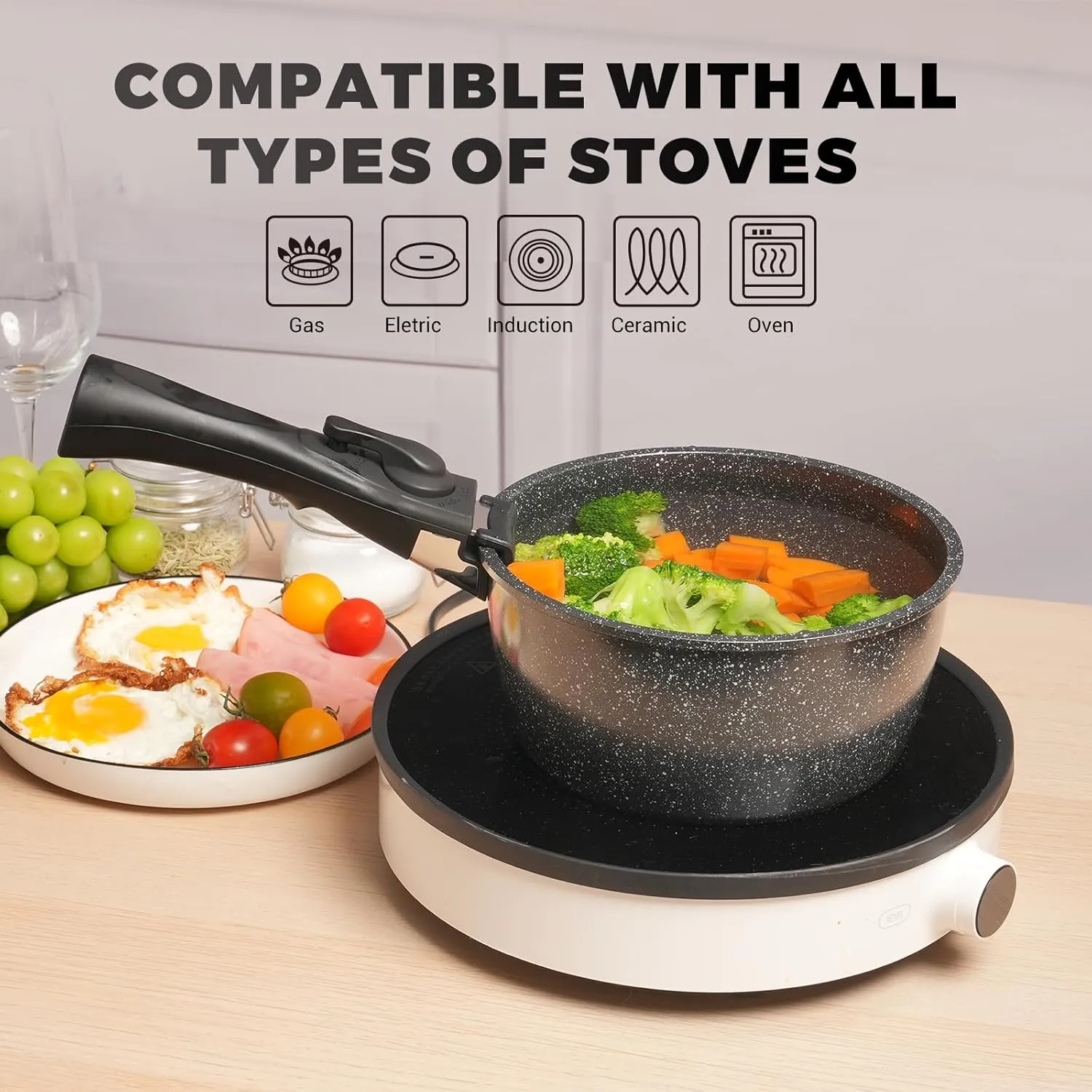 ZHANG XIAO QUAN SINCE 1628 Pots and Pans Set Non Stick, Black Pots and Pans Set, 6PCS Aluminium Oven Safe Cookware Set, PTFE/PFAS/PFOA Free Cookware, Non Stick Pots and Pan Set Detachable Handle