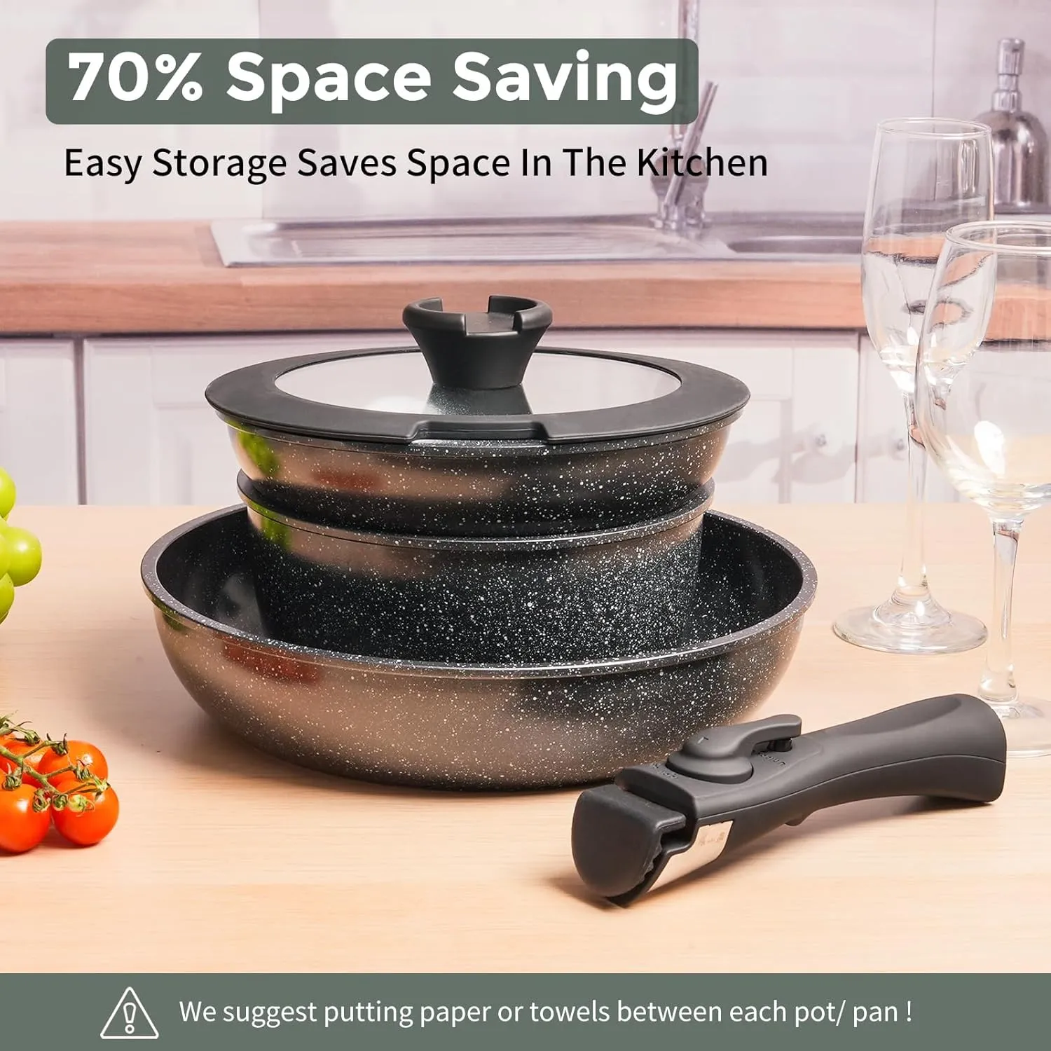 ZHANG XIAO QUAN SINCE 1628 Pots and Pans Set Non Stick, Black Pots and Pans Set, 6PCS Aluminium Oven Safe Cookware Set, PTFE/PFAS/PFOA Free Cookware, Non Stick Pots and Pan Set Detachable Handle