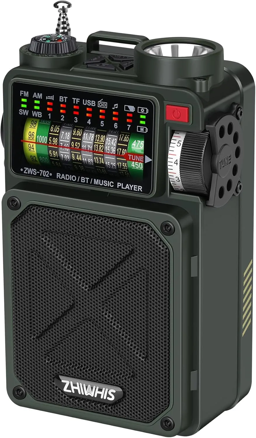 ZHIWHIS Shortwave Radio with Bluetooth, AM/FM/SW/WB Emergency Radios with NOAA Alerts, Hand Crank/Solar/4000mAh/White Noise/SOS/Bass/Rechargeable Retro Receiver with Preset, Support USB/TF ZWS-702