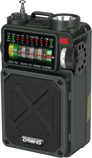 ZHIWHIS Shortwave Radio with Bluetooth, AM/FM/SW/WB Emergency Radios with NOAA Alerts, Hand Crank/Solar/4000mAh/White Noise/SOS/Bass/Rechargeable Retro Receiver with Preset, Support USB/TF ZWS-702
