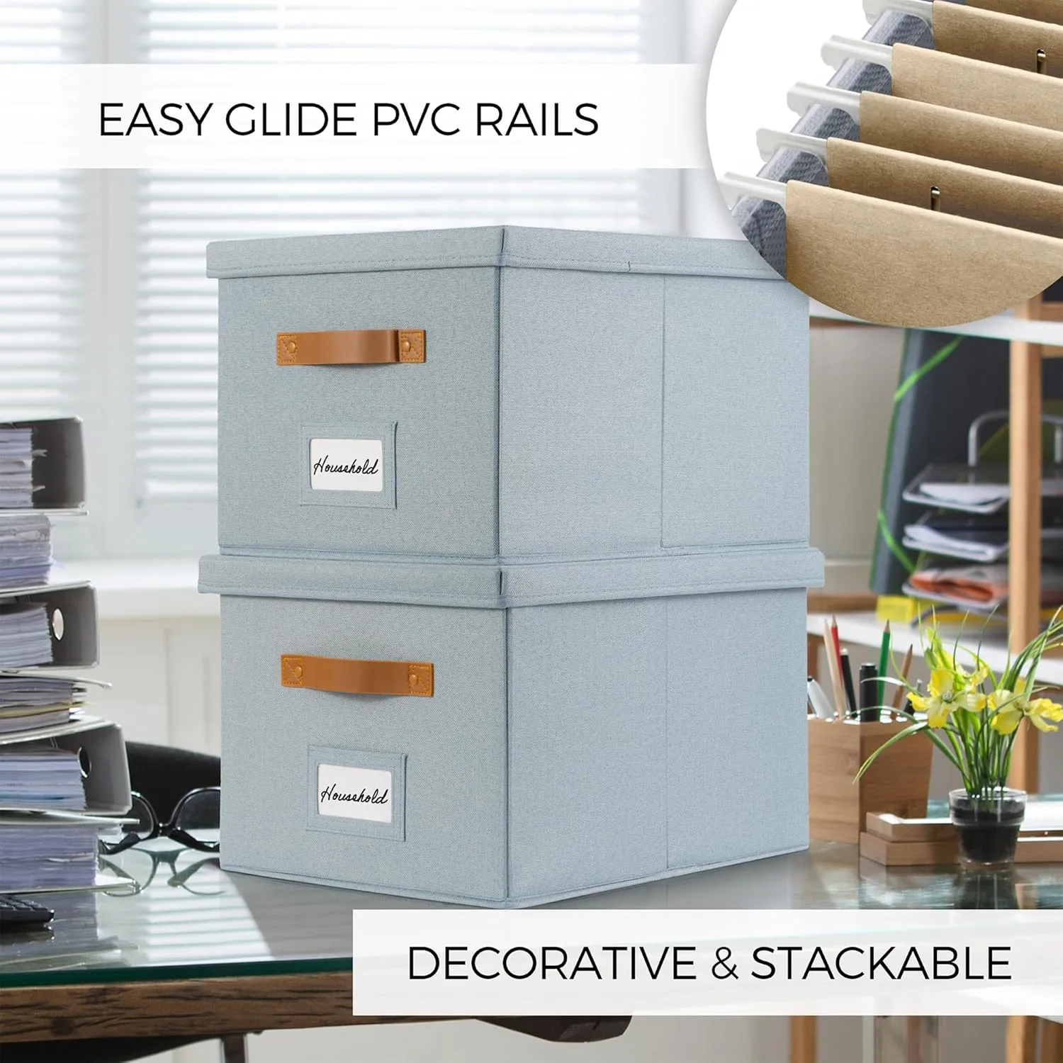ZICOTO Decorative File Organizer Box Set of 2 - Collapsible Linen Filing Cabinets w/Handles Are Perfect to Store all Your Documents & Hanging File Folders - Portable Easy Slide Crates with Lid